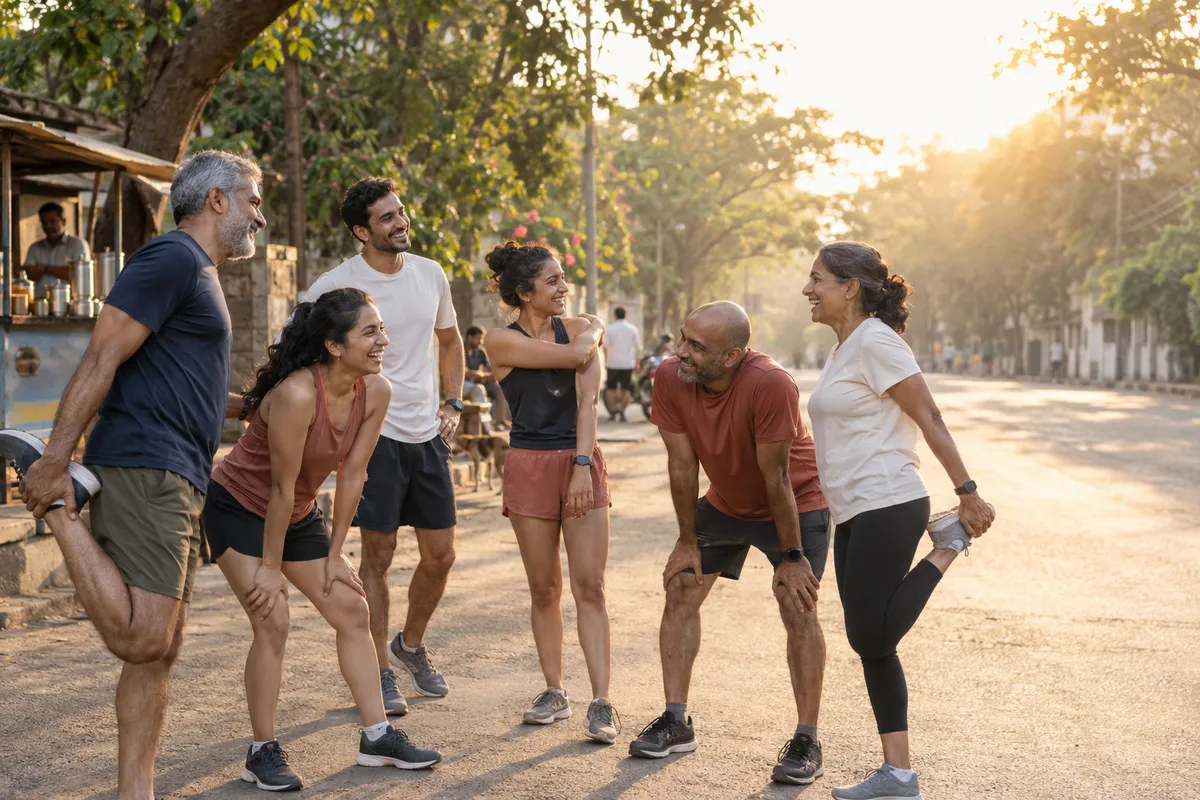 Six Indian runners pause together on a leafy street after a morning run