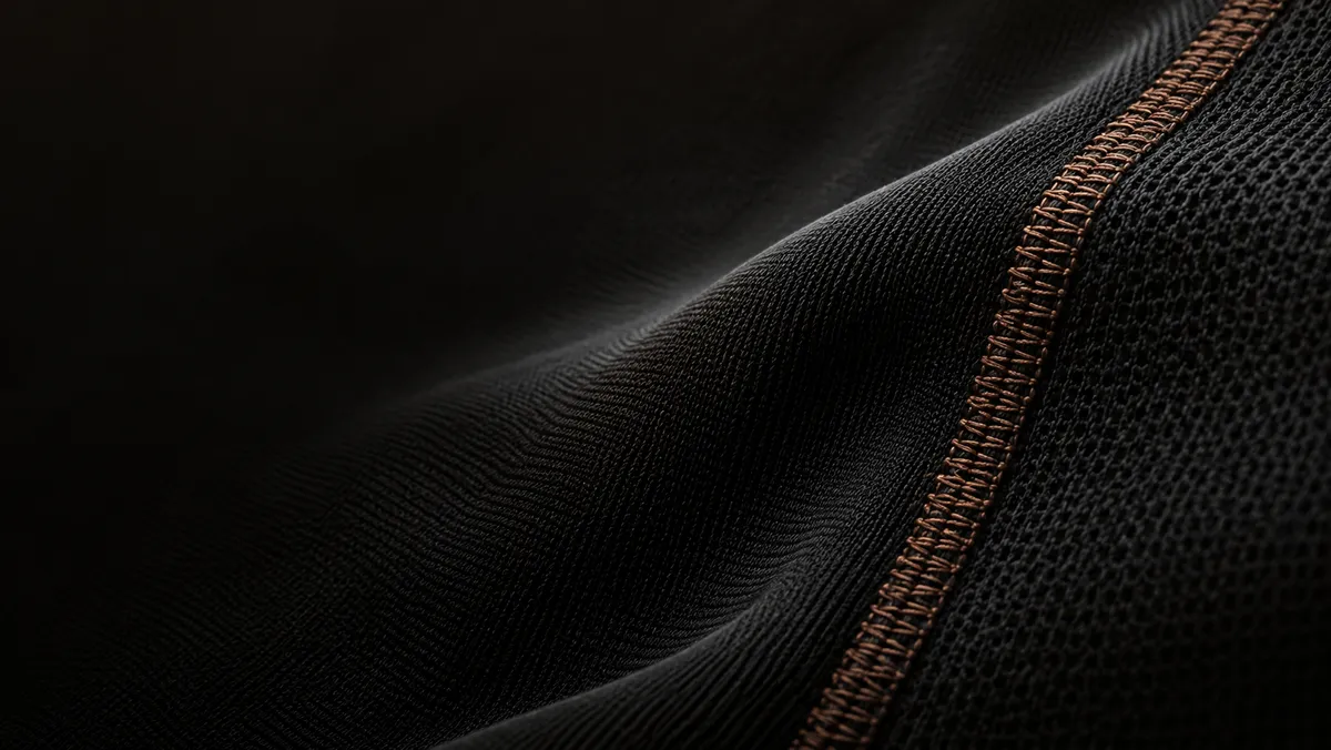 Close view of black running fabric and an ochre seam