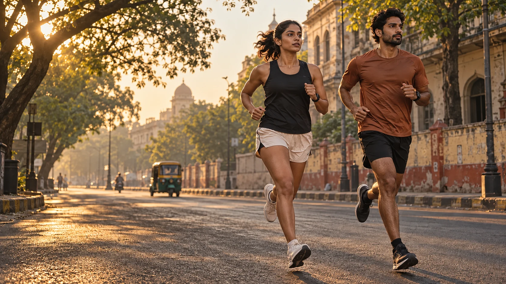Two Indian runners on a quiet city street at sunrise