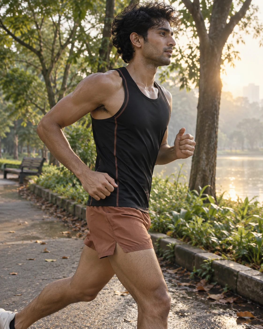 Runner in Daurva singlet and shorts, showing garment fit in motion